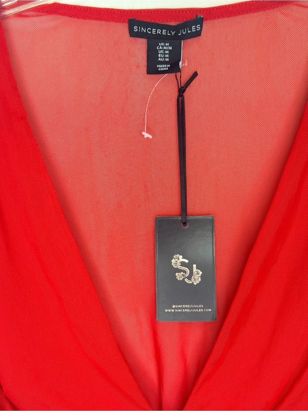 NEW WITH TAGS-Sincerely Jules Red Sheer Mesh Long Sleeve Crop Top Deep V-Neck M - Picture 5 of 7